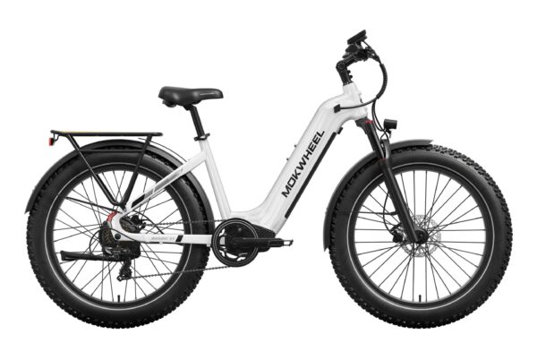 White Maxfoot electric bike with fat tires, rear cargo rack, front suspension fork, and upright handlebars, displayed in a side profile on a white background.