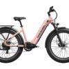 A pink NCM V-Nomad electric bicycle with thick tires, rear rack, front suspension, and mid-drive motor, displayed in a side view.