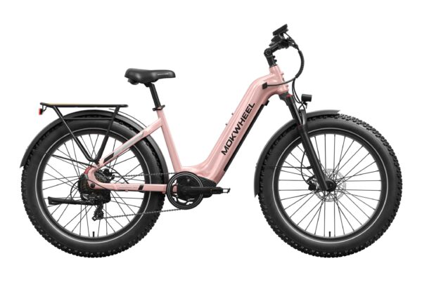 A pink NCM V-Nomad electric bicycle with thick tires, rear rack, front suspension, and mid-drive motor, displayed in a side view.