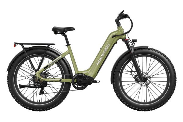Olive green MOKWHEEL electric bike with thick tires, rear rack, front suspension fork, and low-step frame, shown in side profile on a white background.