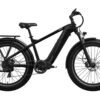 The Basalt Ebike is a black electric fat tire bicycle featuring a rear cargo rack, front suspension fork, and disc brakes, displayed in side profile against a white background.