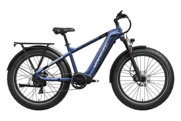 The Basalt Ebike, a blue electric fat tire bicycle with front suspension, disc brakes, and a rear cargo rack, is displayed in side profile against a white background.