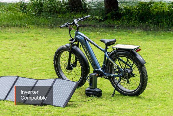 A Basalt Ebike is parked on grass beside a portable solar panel and battery pack. Text overlay: “Inverter Compatible.”.
