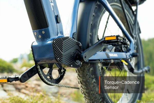 Close-up of the Basalt Ebike's pedal and motor area outdoors, showcasing the integrated torque and cadence sensor with a small overlay label.