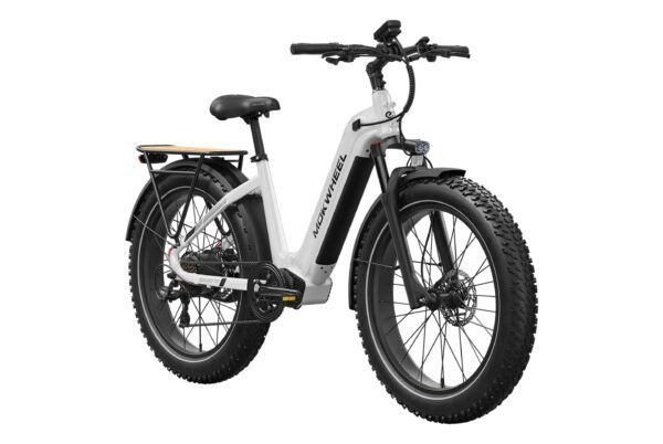 The Basalt ST 2.0 Ebike is a white electric fat tire bike with a step-through frame, rear rack, wide tires, and front suspension, shown against a plain background.