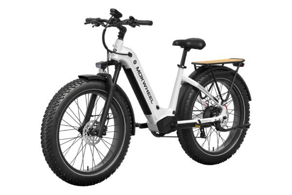 The Basalt ST 2.0 Ebike, a white fat-tire electric bicycle with front suspension, rear cargo rack, and disc brakes, is shown on a plain white background.