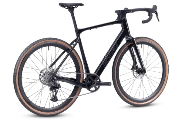 The CF Racer1, a black gravel bike with drop handlebars, disc brakes, and tan-walled tires, is shown on a white background.