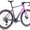 The CF Racer1 is a modern gravel bike with drop handlebars, a pink and gray frame, disc brakes, and tan-walled tires, shown from a rear side angle.