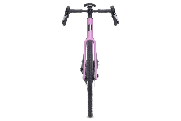Front view of the CF Racer1, a pink gravel bike featuring drop handlebars and knobby tires, photographed against a white background.