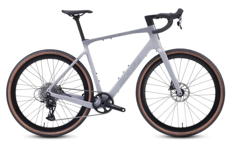 A matte gray gravel bike with drop handlebars, disc brakes, and wide tan-wall tires is shown in a side view against a white background.