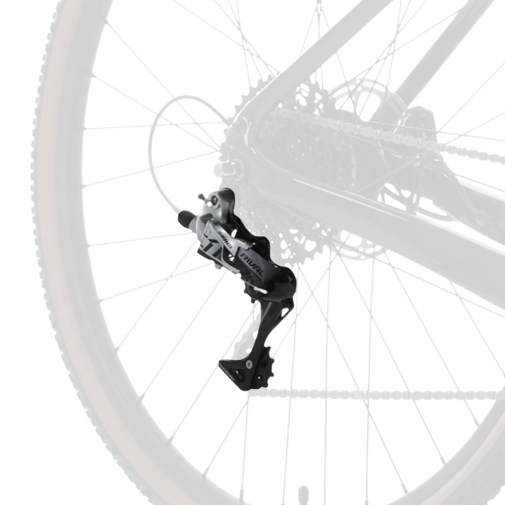 Close-up of a bicycle’s rear wheel showing the derailleur, cassette, chain, and part of the frame.
