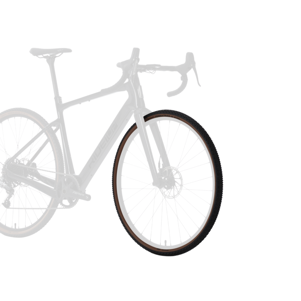 A black gravel bike with drop handlebars is shown from a side angle on a white background.