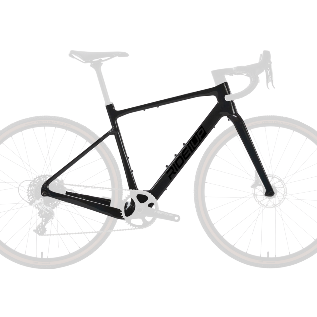A black road bicycle with drop handlebars, brown sidewall tires, and the word "RIDECUP" on the frame, shown in a side profile view.