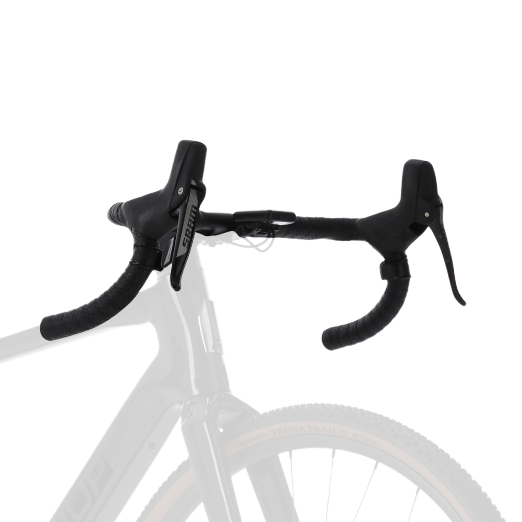 Close-up of a black bicycle's handlebars, brake levers, and front wheel with a knobby tire against a plain background.