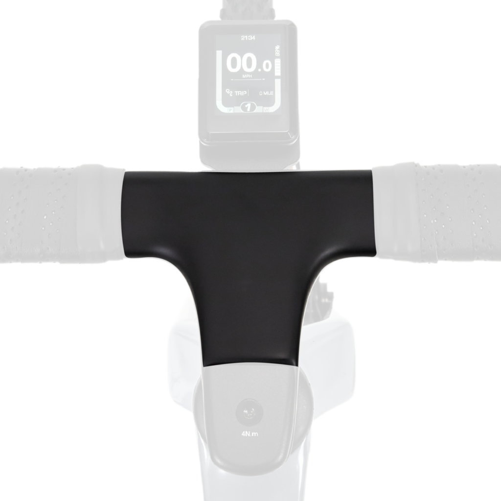 Close-up view of a bicycle handlebar with a digital display screen showing cycling data, including speed, distance, and mode.