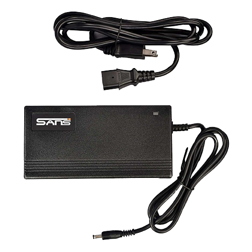 A rectangular SANS-branded power adapter with attached cables and a separate power cord shown above it.