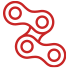 Red outline illustration of three interconnected bicycle chain links forming an angled shape on a white background.