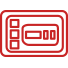 Red outline icon of a vending machine with rectangular buttons and a dispensing slot, shown on a white background.
