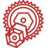 Red outline of three interlocking hexagonal nuts with gear-like edges, arranged in an overlapping pattern on a white background.