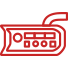 Red outline icon of a radio transceiver with buttons and a microphone cord.