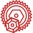 Red outline illustration of a hexagonal nut, a cube, and two interlocking gears overlapping each other on a white background.