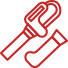 Red line drawing of a prosthetic leg and a socket component, representing a lower limb prosthesis.