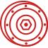 Red outline of a circular shield with concentric circles and a hexagon in the center, decorated with small dots around the rings.