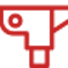 Red icon of a security camera facing to the right on a white background.