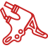 Red outline illustration of a tattoo machine, shown at an angle on a white background.