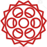 A red geometric design with seven circles arranged in a hexagonal pattern inside a ring, surrounded by a jagged, sun-like outer border.