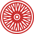 A red circular wheel with 24 evenly spaced spokes radiating from the center, resembling the Ashoka Chakra from the Indian national flag.