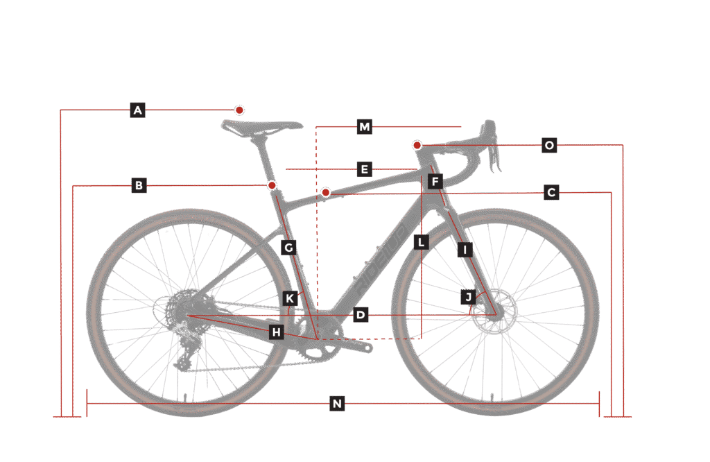 Diagram of a bicycle with labeled measurement points and lines indicating different dimensions, such as height, length, and frame angles.