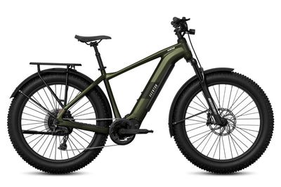 A matte green electric fat tire bike with a rear rack, disc brakes, and a built-in battery on the down tube, displayed in a side profile view.