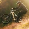 Person wearing a helmet and gloves rides an electric mountain bike on a dirt trail, lifting the front wheel, with blurred background suggesting motion.