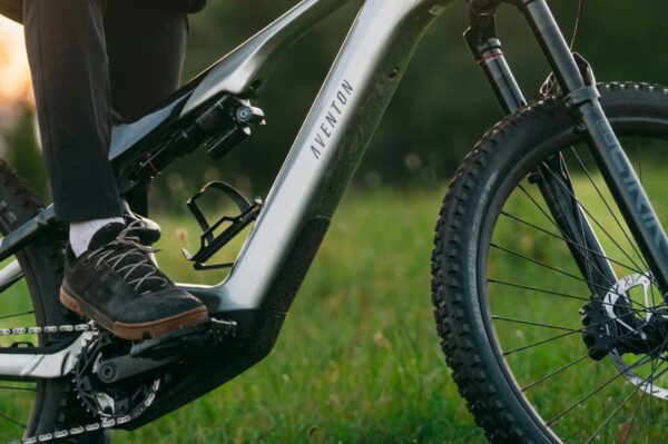 Close-up of a person’s foot on the pedal of a Newton mountain bike, positioned on grassy terrain with sunlight in the background.