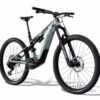 A modern electric mountain bike with a sturdy frame, front and rear suspension, large knobby tires, and integrated battery, photographed on a white background.