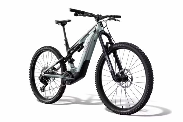 A modern electric mountain bike with a sturdy frame, front and rear suspension, large knobby tires, and integrated battery, photographed on a white background.