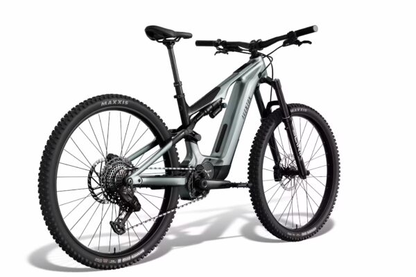 A modern electric mountain bike with full suspension, thick Maxxis tires, disc brakes, and a visible mid-drive motor, displayed on a white background.
