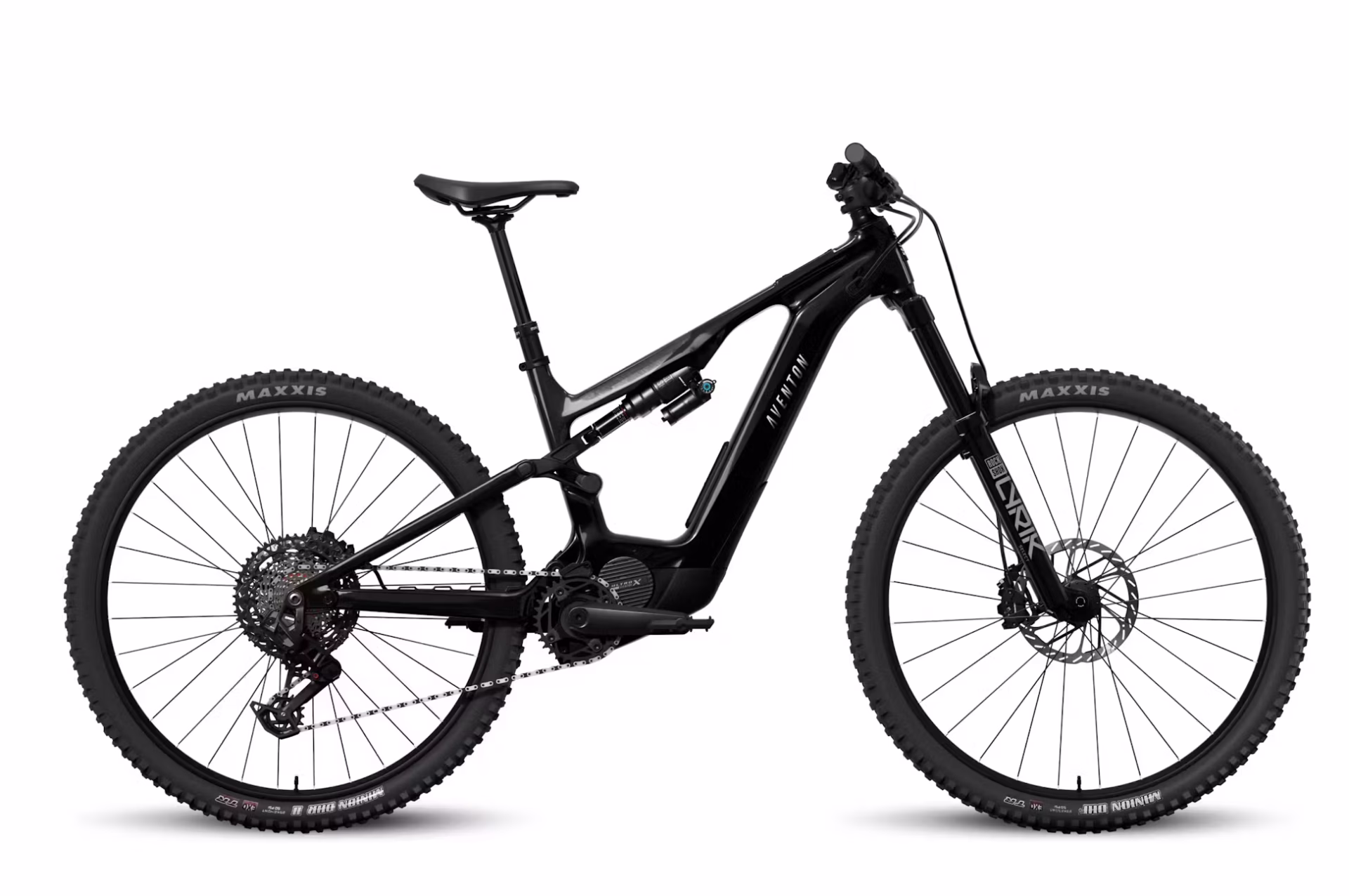 A black full-suspension electric mountain bike with thick tires, disc brakes, and a visible battery, shown from the side against a white background.