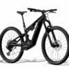 A matte black full-suspension electric mountain bike with thick tires, disc brakes, and a prominent mid-frame battery, displayed on a white background.