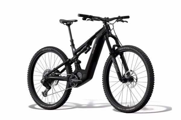 A matte black full-suspension electric mountain bike with thick tires, disc brakes, and a prominent mid-frame battery, displayed on a white background.