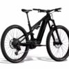 A black full-suspension electric mountain bike with thick treaded tires, disc brakes, and a central battery, shown on a white background.
