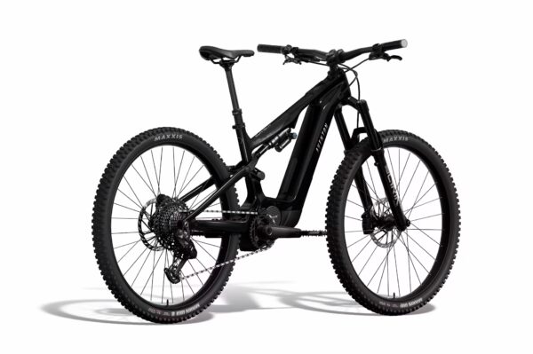 A black full-suspension electric mountain bike with thick treaded tires, disc brakes, and a central battery, shown on a white background.