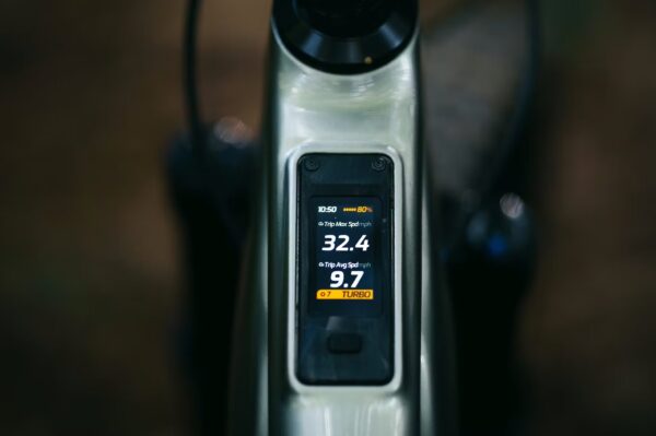 Close-up of an electronic bike display showing speed, trip distance, battery level at 80%, and the word "TURBO" on the screen.