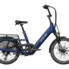 Blue Aventon Abound electric cargo bike with a rear rack and step-through frame.
