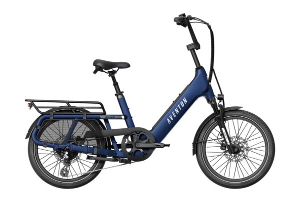 Blue Aventon Abound electric cargo bike with a rear rack and step-through frame.