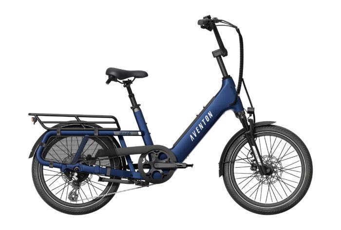 Blue Aventon Abound electric cargo bike with a rear rack and step-through frame.