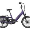 Purple Aventon Abound electric cargo bike with a rear rack and basket.