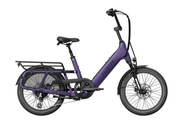 Purple Aventon Abound electric cargo bike with a rear rack and basket.