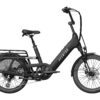 Black Aventon Abound electric cargo bike with a rear rack, step-through frame, and small wheels.